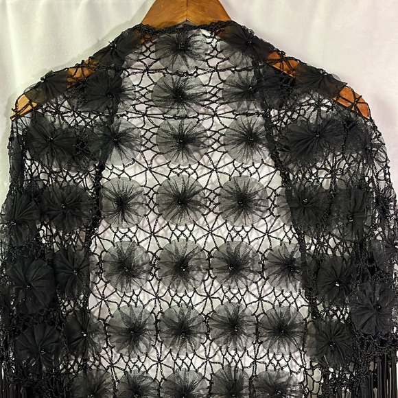 Black Crochet Beaded Floral Fringe Shawl - Picture 9 of 15
